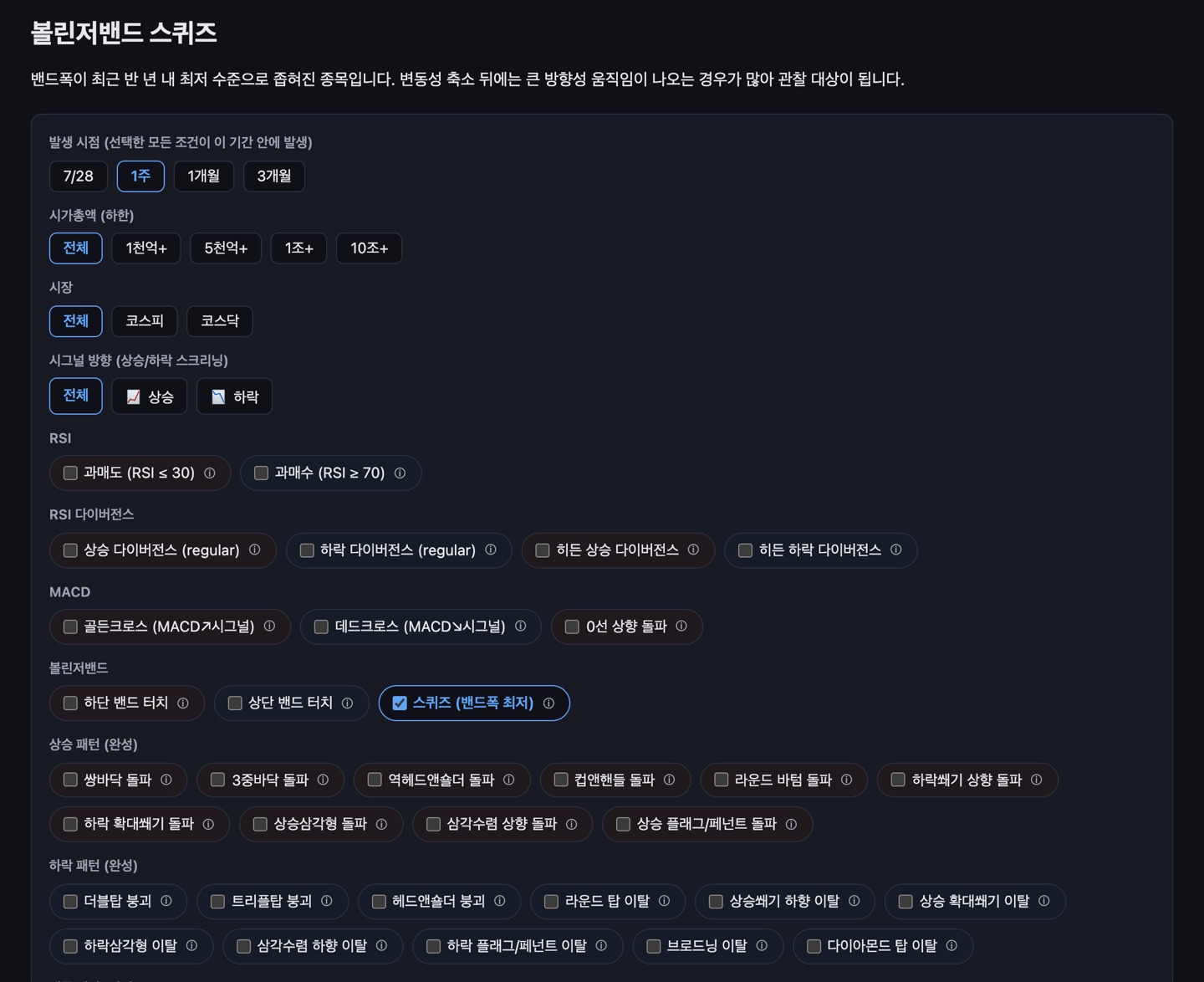 kscreener 조건 설정 화면에서 볼린저밴드 항목의 스퀴즈(밴드폭 최저) 체크박스가 선택된 모습